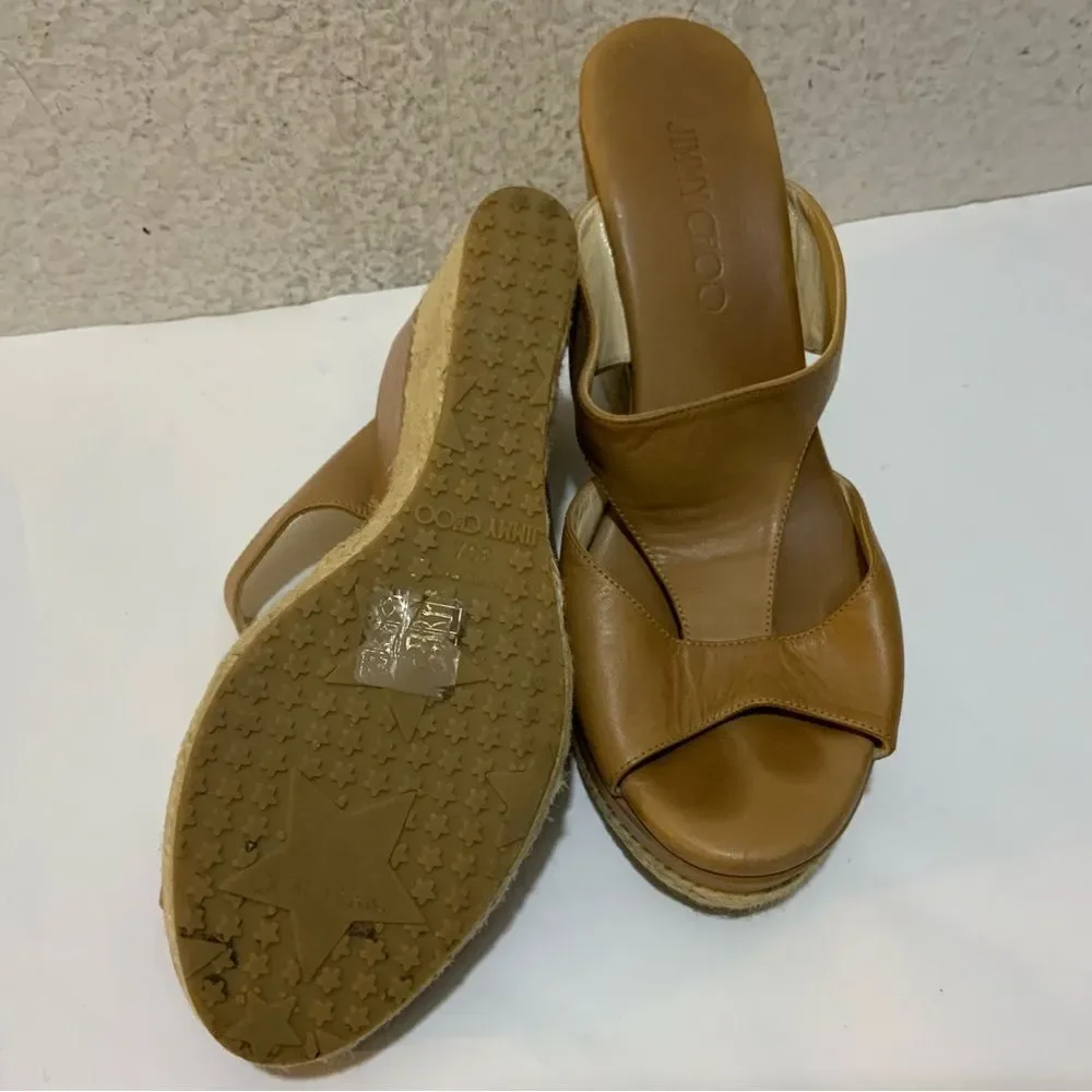 Jimmy Choo Vachetta Leather Teak Espadrille Wedge Sandal 38.5